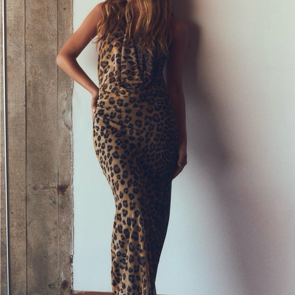 Zara Tan and Brown Bodycon Halter Maxi Dress for Night Out